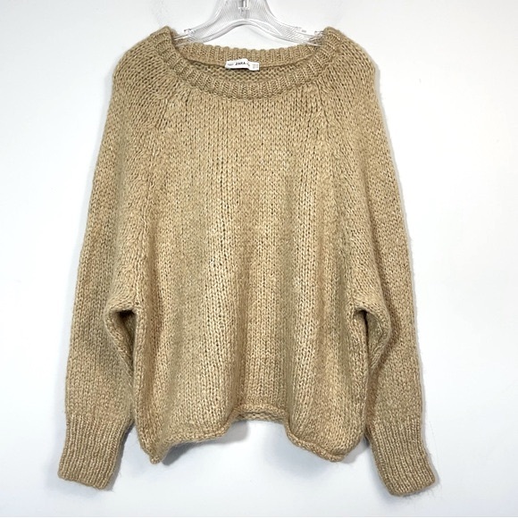 ZARA Chunky Open Knit Cropped Slouchy Boxy Sweater Round Neck Wool Mohair Blend - Picture 6 of 16